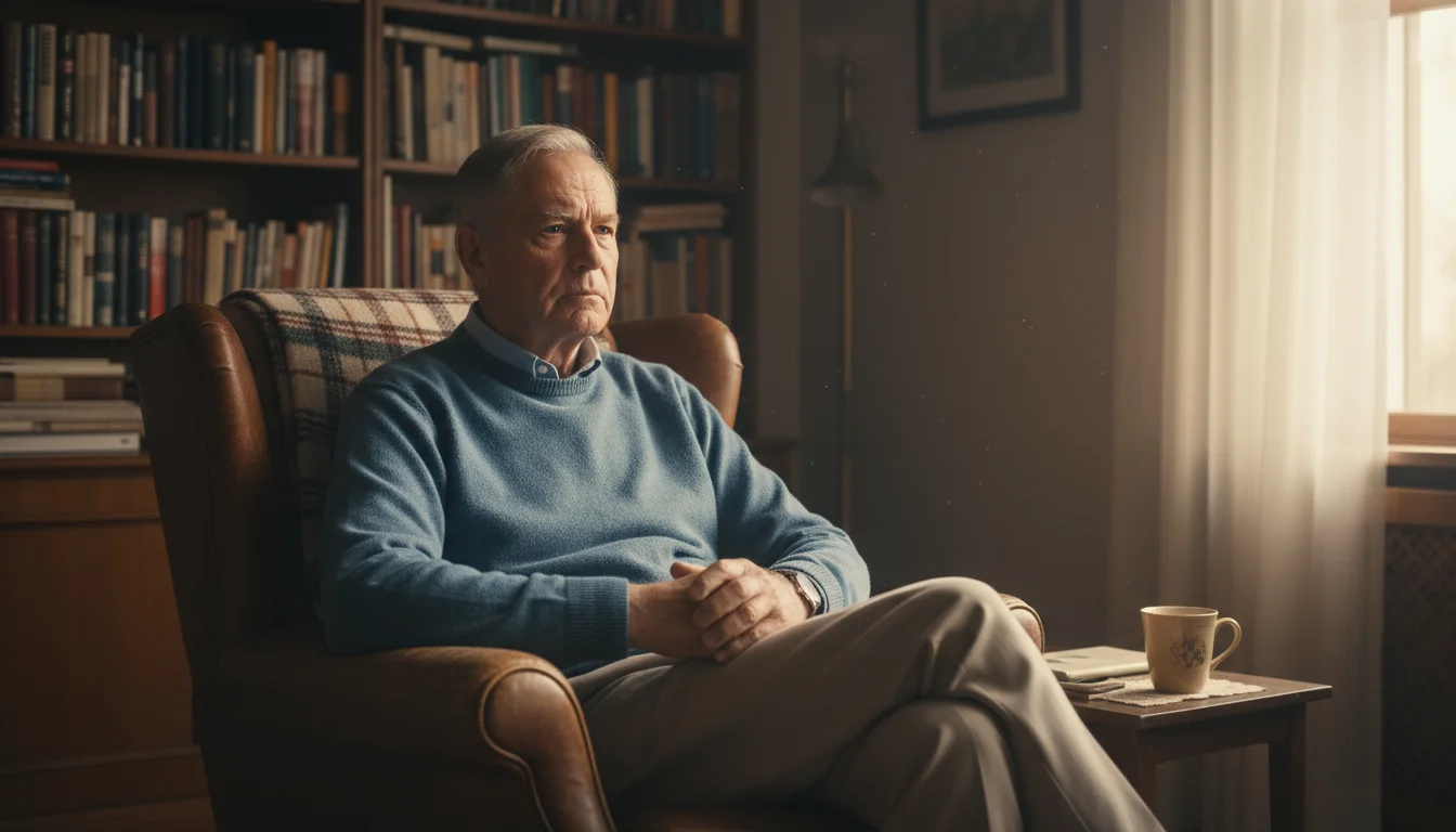 A thoughtful senior man in his early 70s sits in a sunlit armchair, looking pensive, with a blurred family photo in the background.