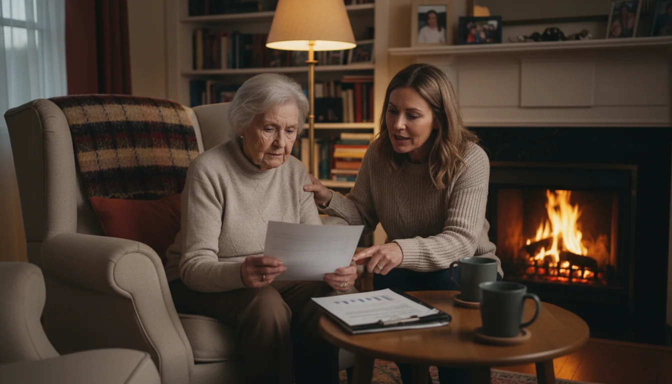 A thoughtful senior woman and her adult daughter discuss financial documents in a cozy living room, comparing different options.