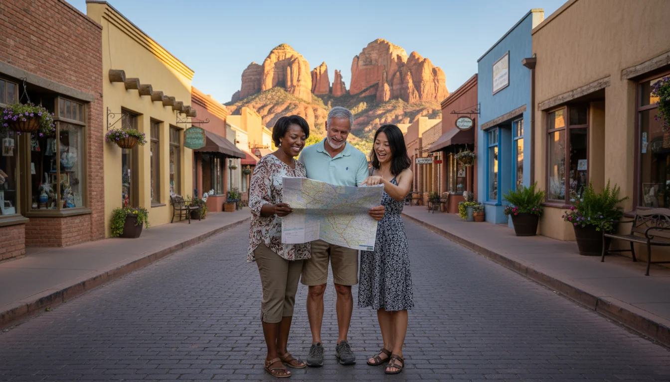 Three active older adults consult a map on a sunny Western city street with historic buildings and red rock formations in the background.