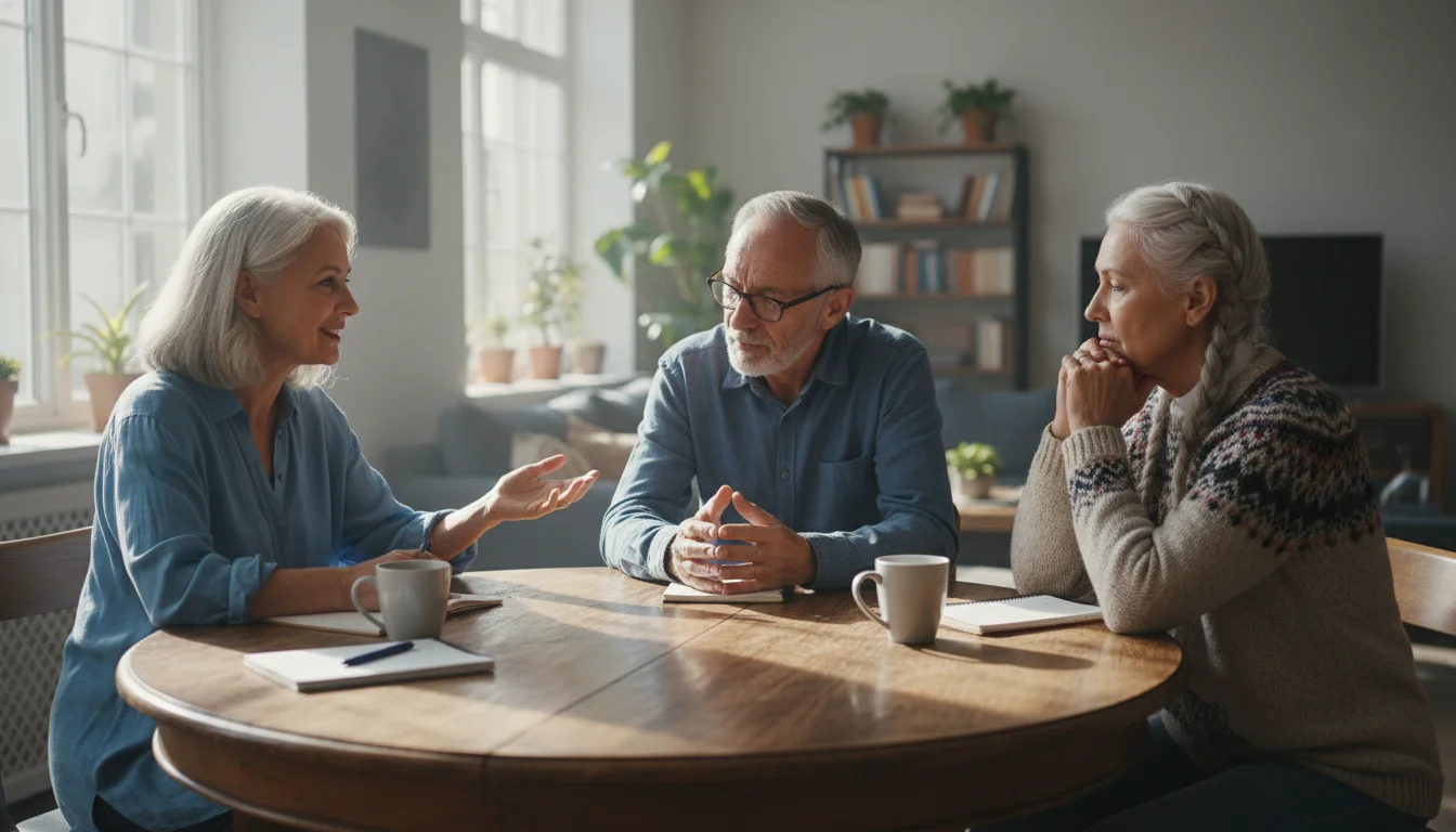 Three diverse older adults (60s-80s) engaged in a calm discussion around a wooden table in a community common room.