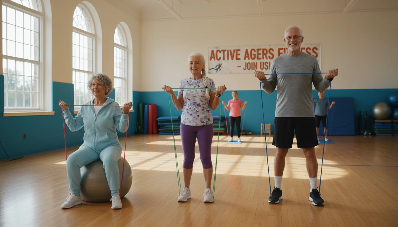 Three diverse older adults, two women and one man, perform bicep curls with resistance bands in a bright community center gym, smiling subtly.