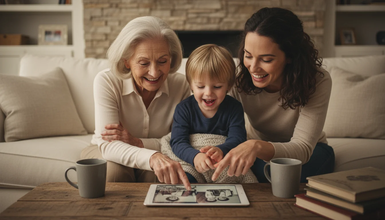 Three generations of a family (grandmother, daughter, grandchild) huddle around a tablet, smiling at old photos displayed on the screen. Their hands a