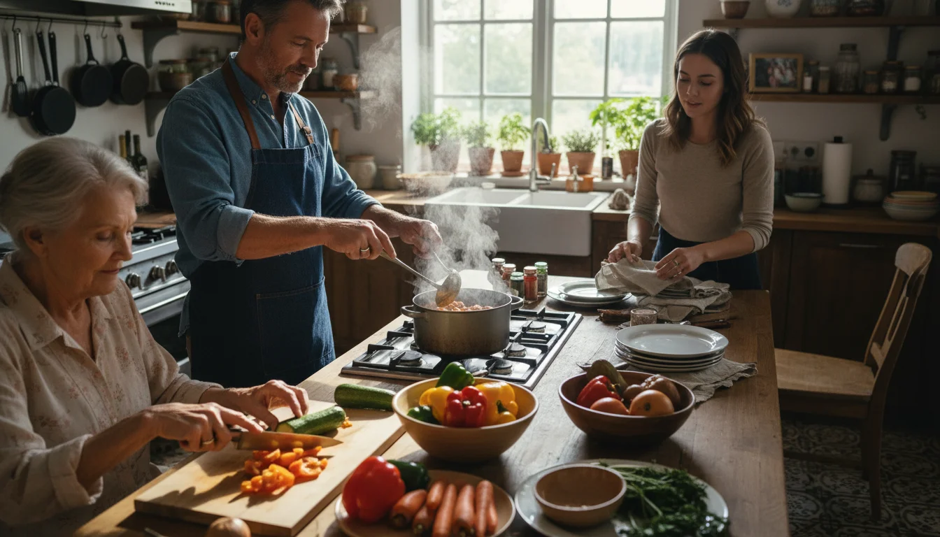 Three generations, including an older adult, collaboratively prepare a meal in a bright, cozy home kitchen.