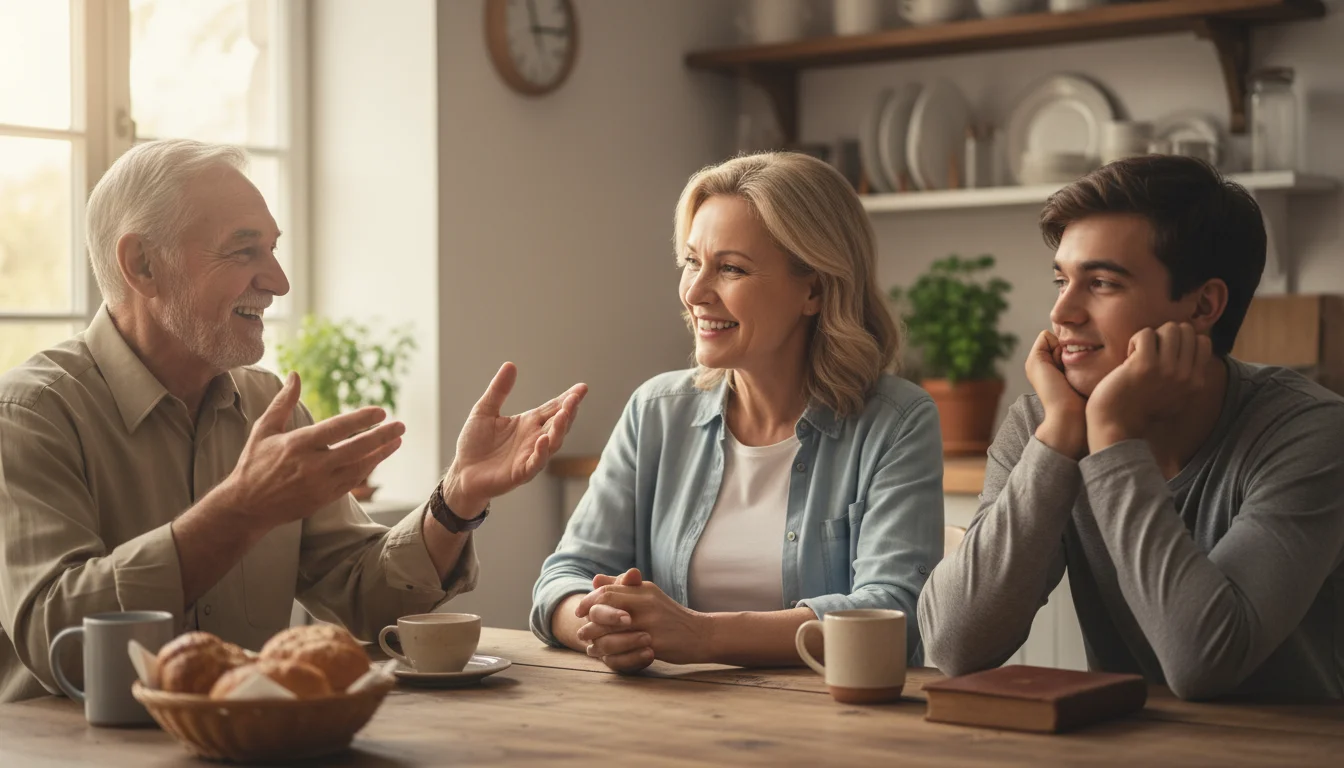 Three generations laughing and sharing stories around a kitchen table. An older man, his daughter, and grandchild are deeply engaged.