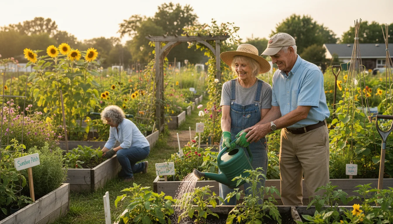 Three older adults actively participate in a community garden, tending to plants and sharing a laugh.