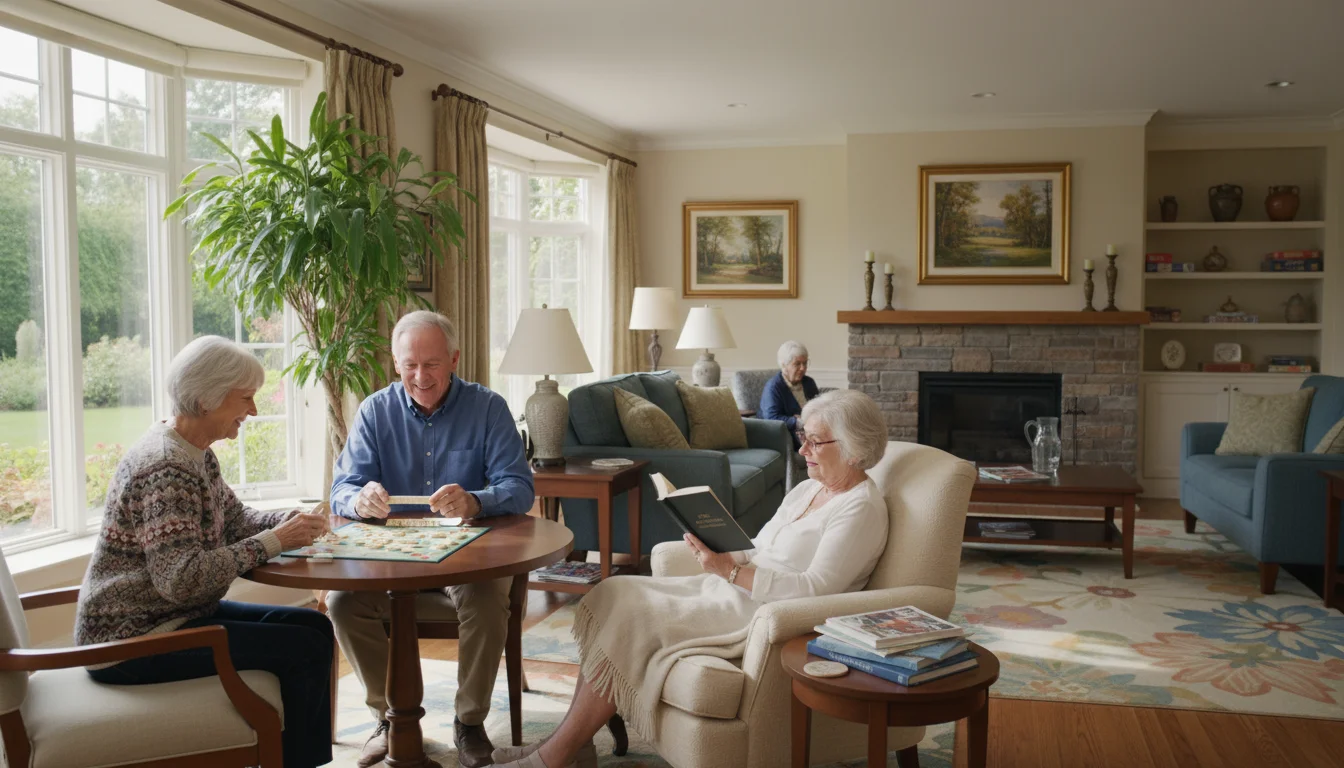 Three older adults in a bright common lounge area. Two are playing Scrabble and laughing, while a third reads quietly by a window.