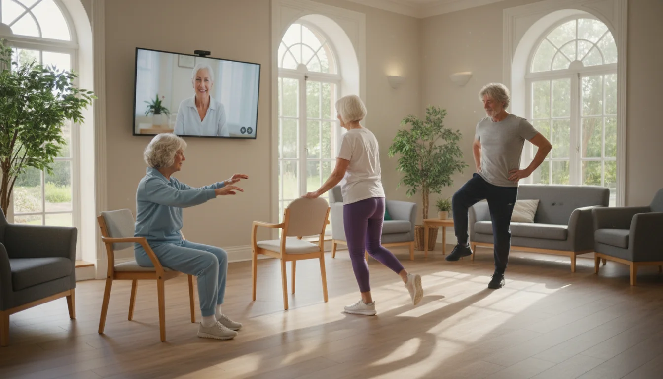 Three older adults in a bright community common room follow an online exercise class on a large screen, performing gentle seated and standing movement