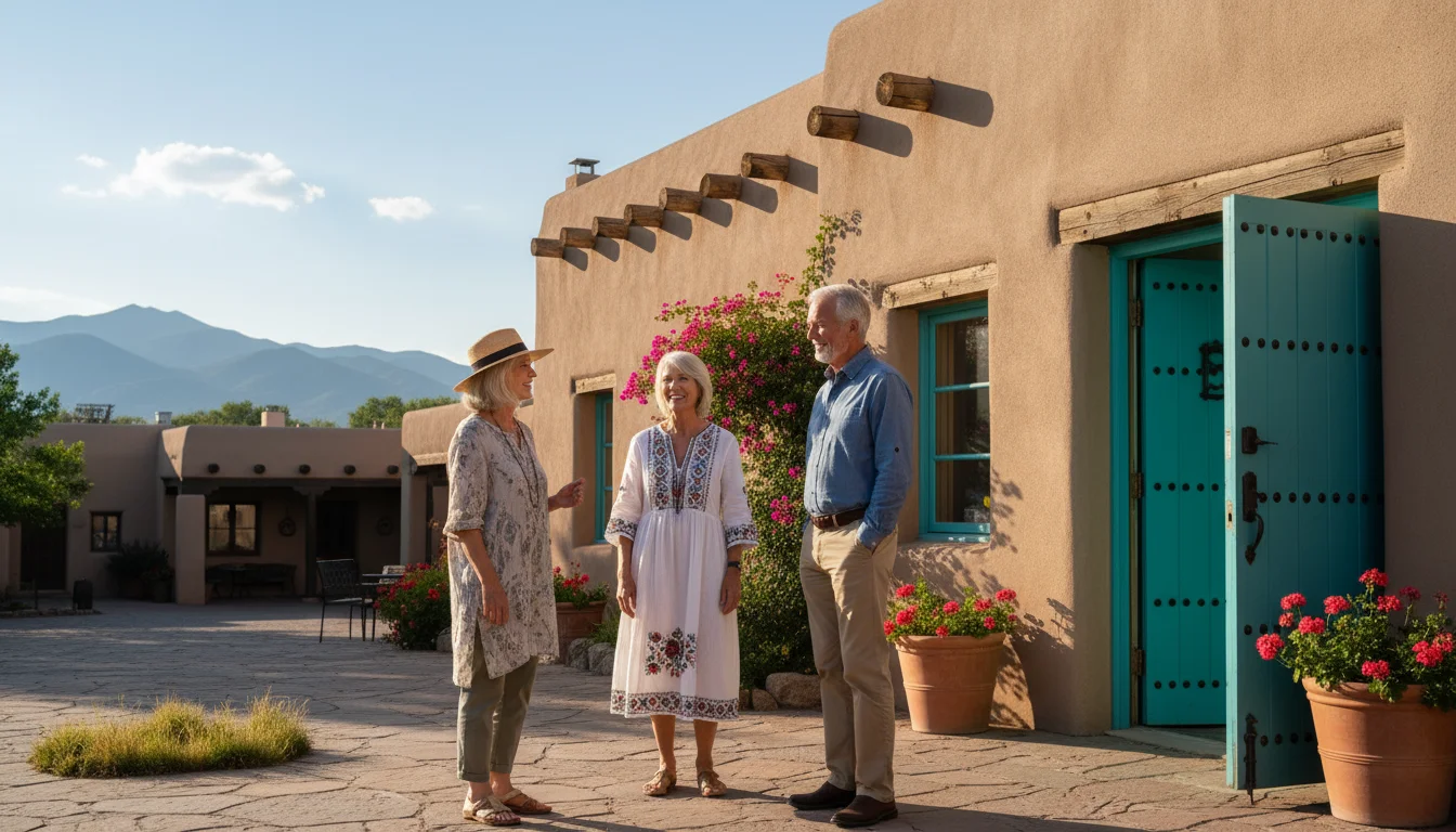 Three older adults chat warmly in a sunny Santa Fe plaza, iconic adobe buildings and distant mountains behind them.