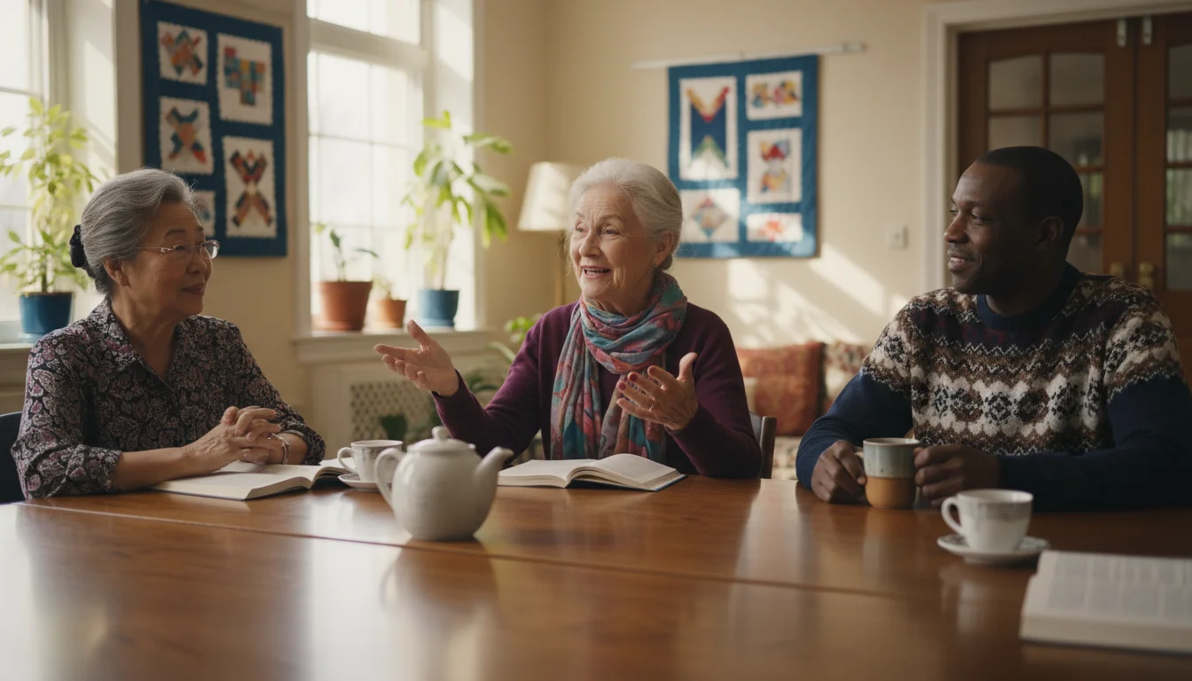 Three older adults, diverse, seated at a wooden table in a bright room, engaged in lively discussion with smiles and nods. Coffee cups on table.