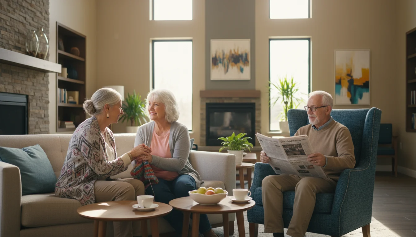 Three older adults relax in a bright community lounge. Two women knit together, one guiding the other. A man reads a newspaper nearby.