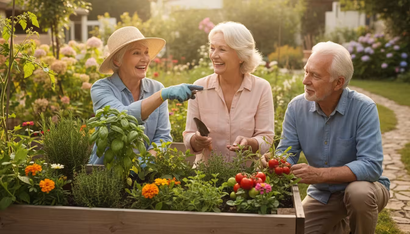 Three older adults sharing tips and laughter around a raised garden bed in a community garden plot.