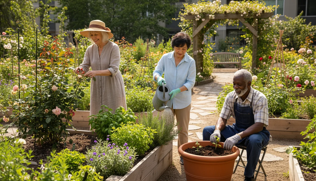 Three older adults, two women and one man, gardening together in a vibrant community garden. A shared common building is visible behind them.