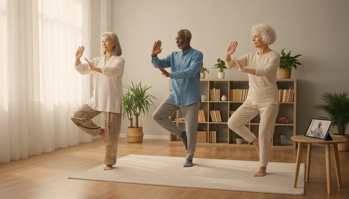 Three older adults, two women and one man, performing gentle Tai Chi exercises in a sunlit living room.