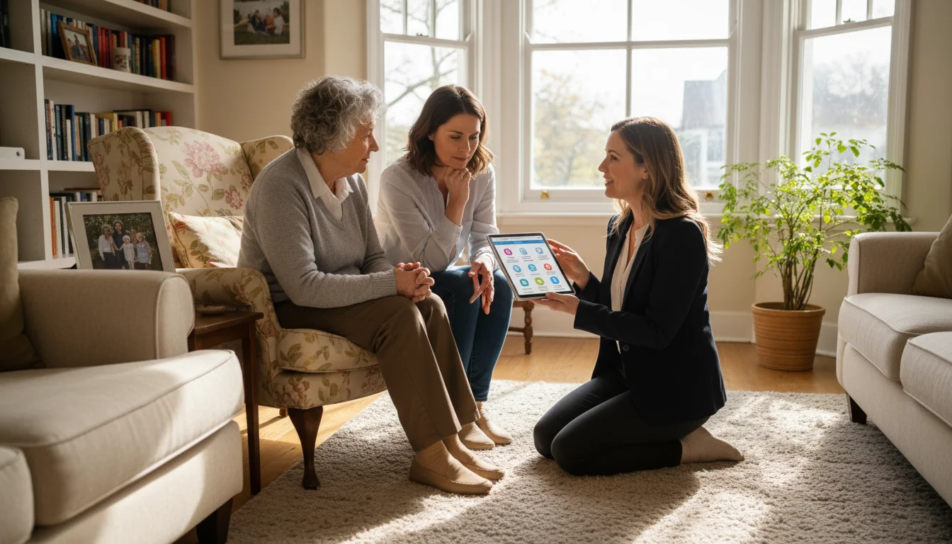 Three people in a sunny living room: an older woman, her daughter, and a care supervisor reviewing a care plan on a tablet.