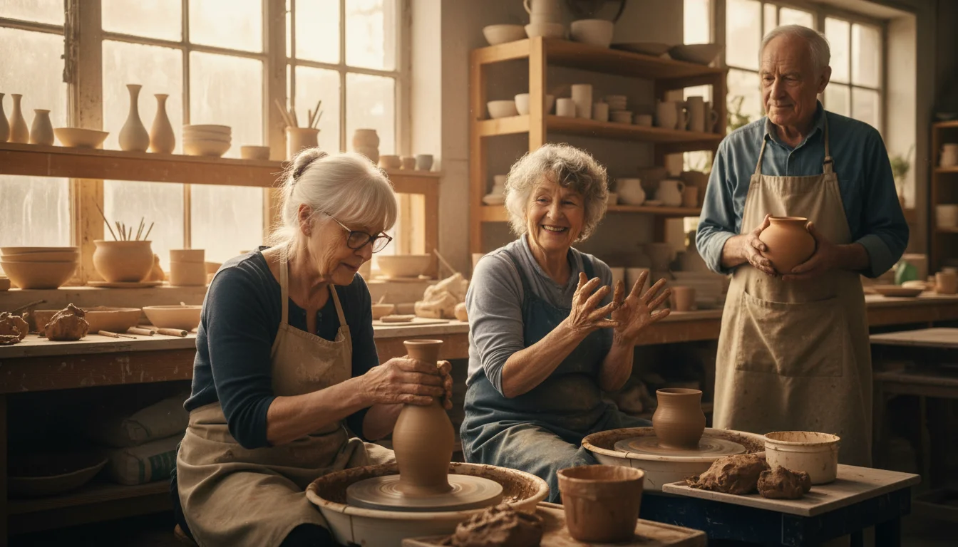 Three seniors in a pottery studio. One shapes clay on a wheel, another watches, a third holds a finished pot.