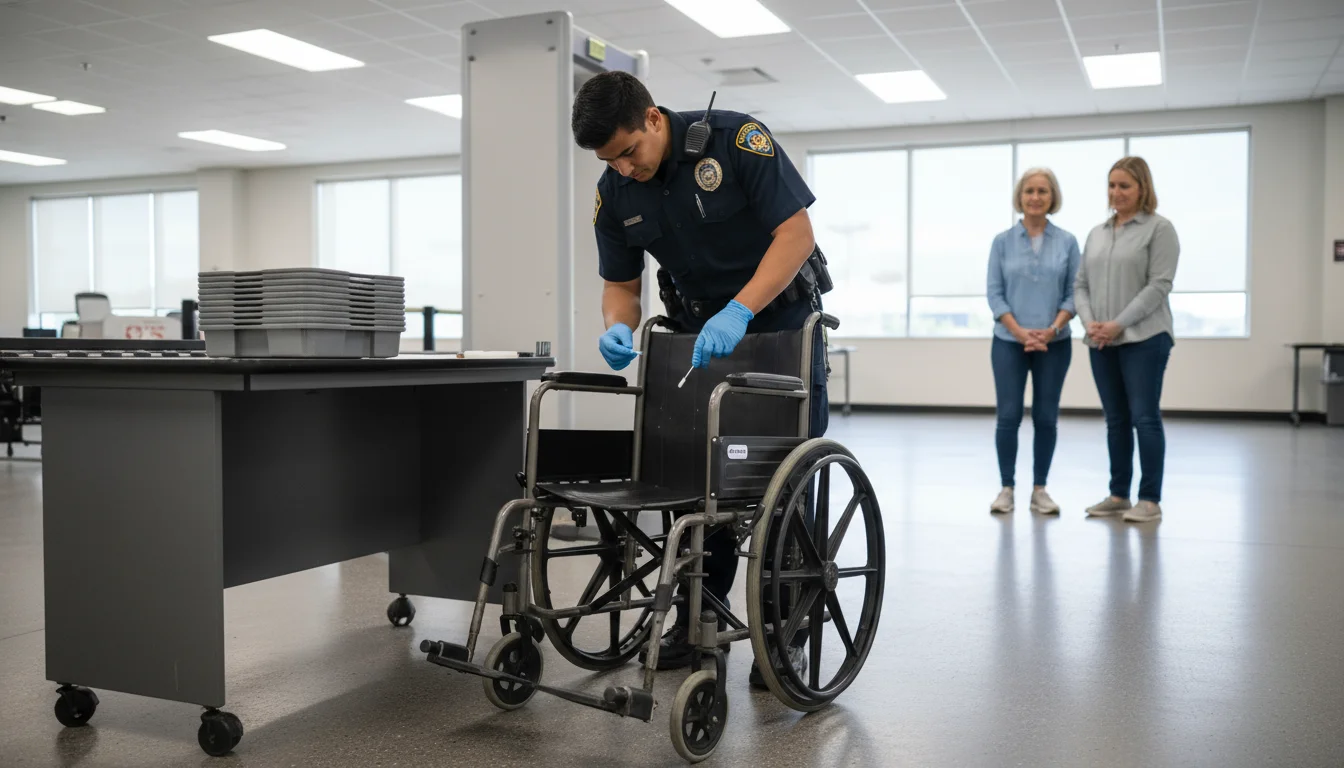 TSA officer inspecting an empty manual wheelchair with an ETD swab at airport security, while an older woman and companion observe nearby.