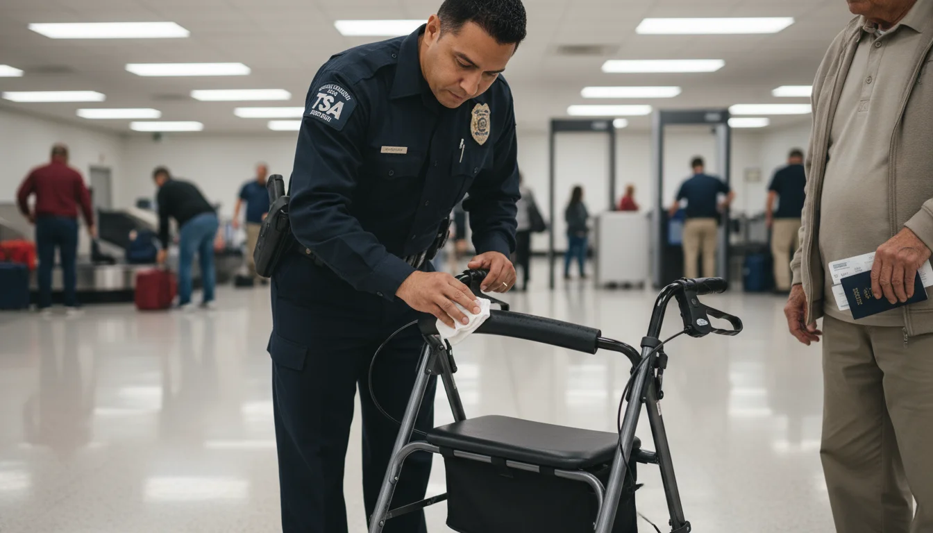 A TSA officer in uniform carefully swabs the handle of a silver rollator with a white cloth at an airport security checkpoint.