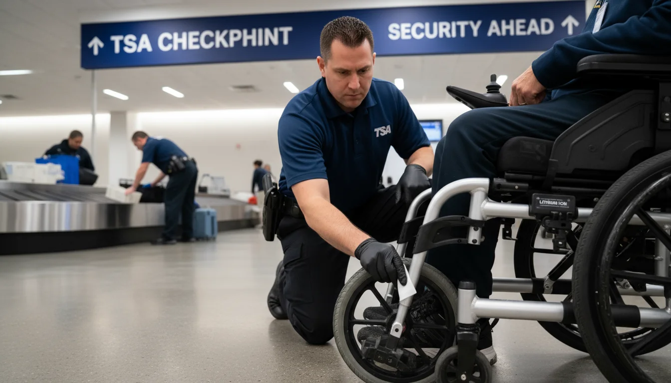 A TSA officer uses an ETD swab on the wheel of an older adult's power wheelchair at airport security, while the person remains seated.