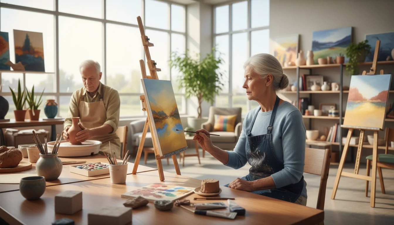 Two older adults deeply focused in an art studio. A woman paints at an easel, a man sculpts clay on a potter's wheel.