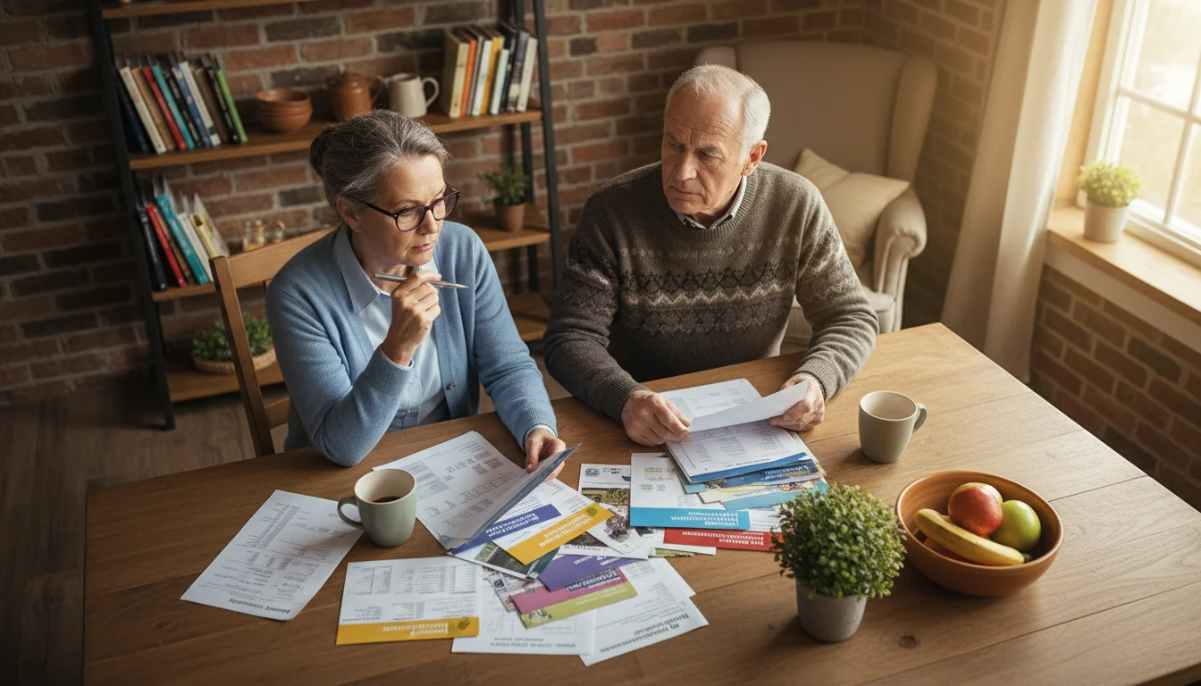 Two older adults at a kitchen table surrounded by community brochures and financial papers, both looking thoughtful.