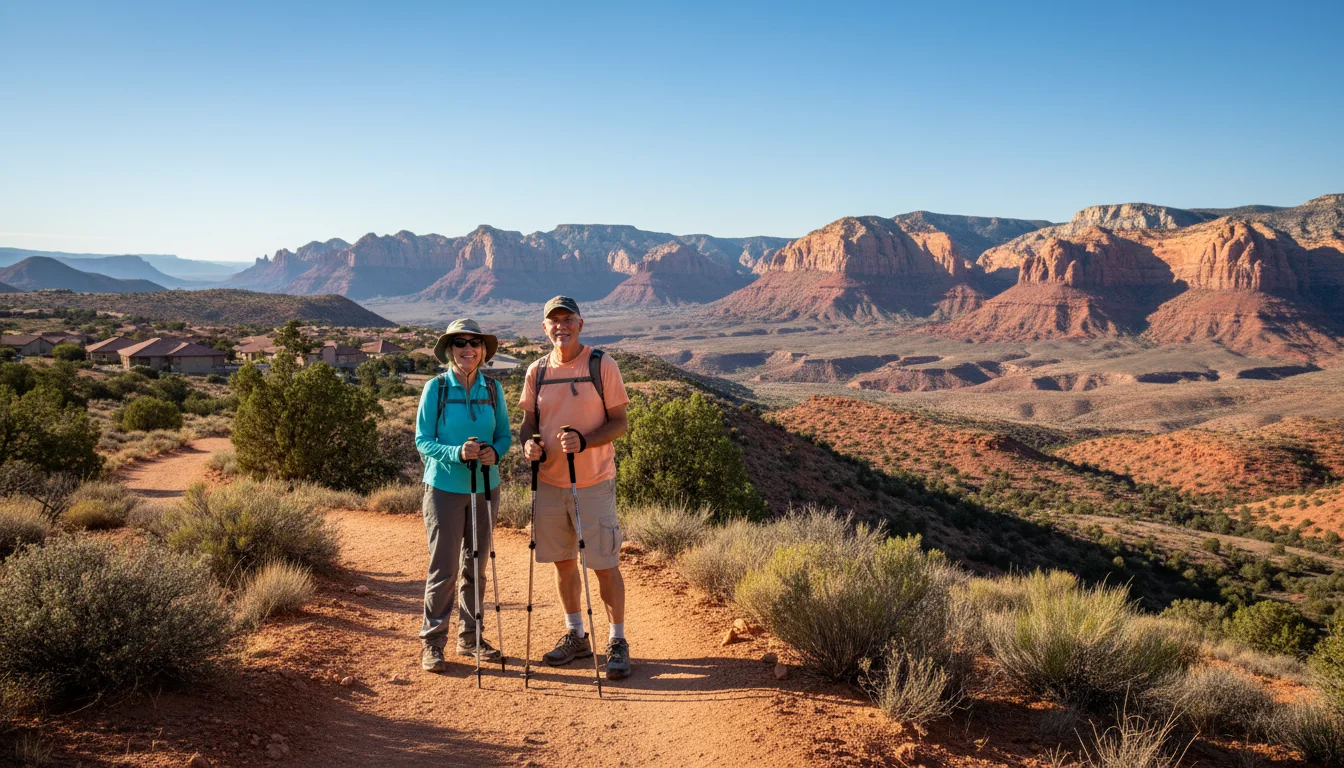 Two older adults smile while looking at a sprawling red rock landscape from a scenic dirt trail.