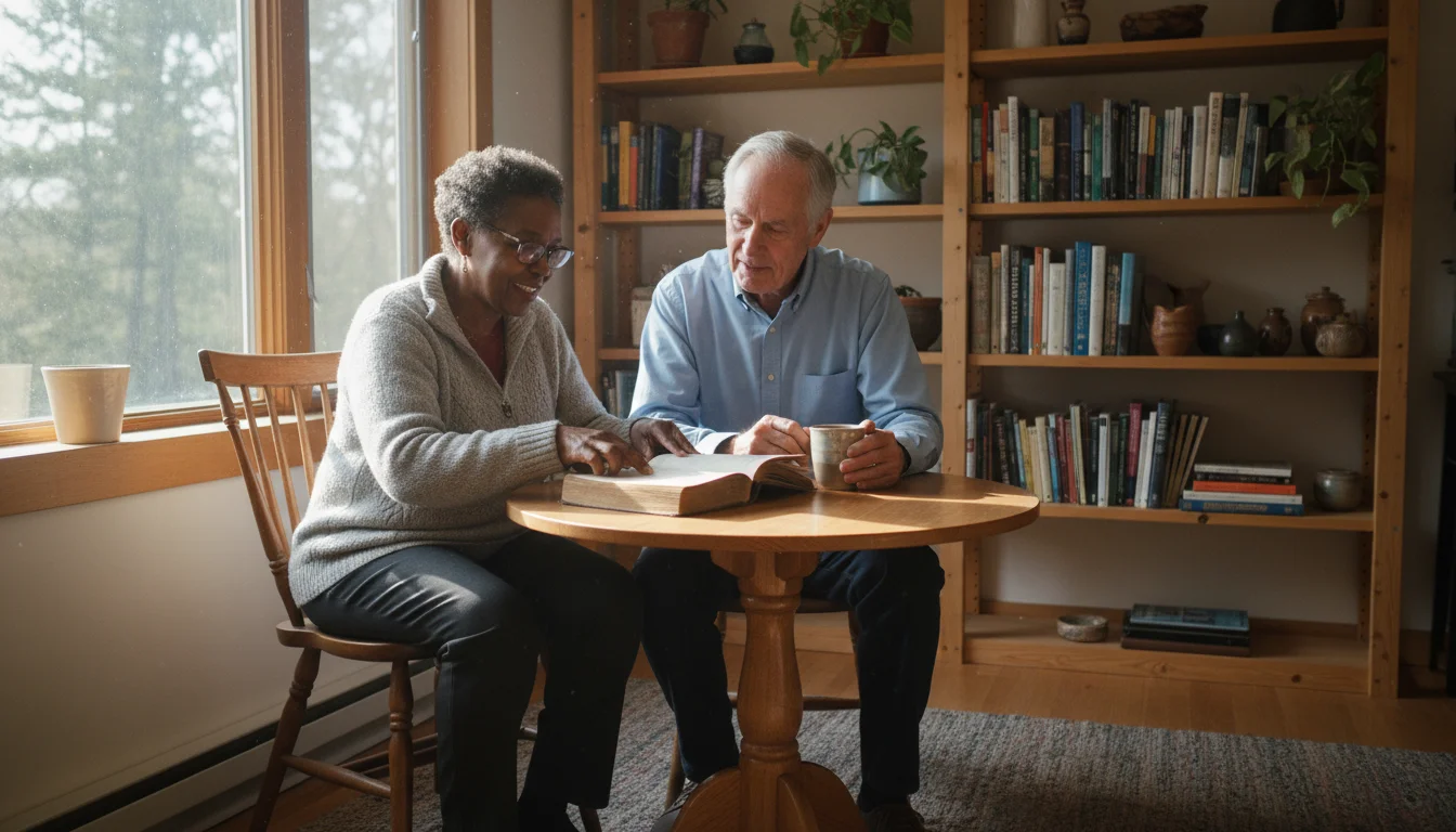 Two older adults, a woman and a man, sharing a book at a table in a bright community library corner of a senior co-housing common house.