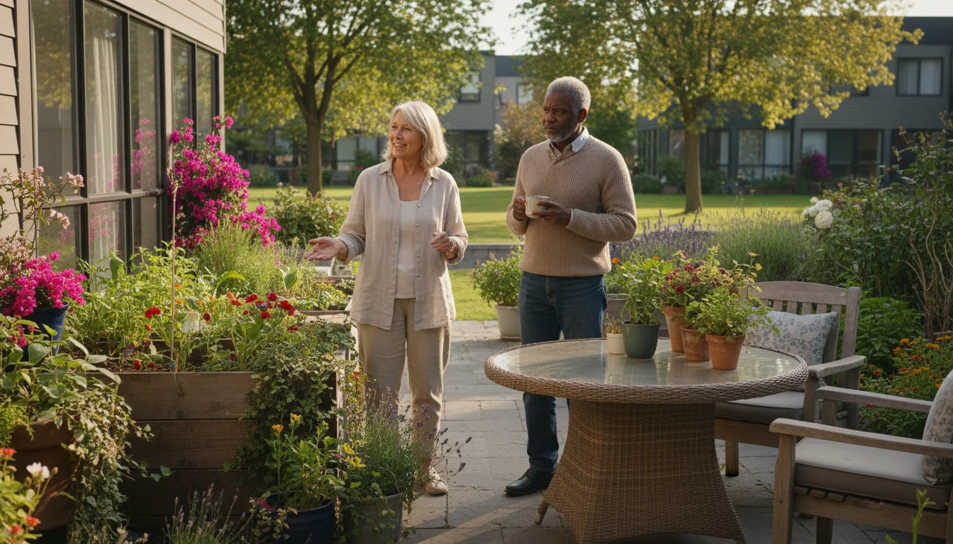 Two older adults, a woman and a man, sit on a sunny patio, having a calm conversation. The woman gestures while speaking to the thoughtful man.