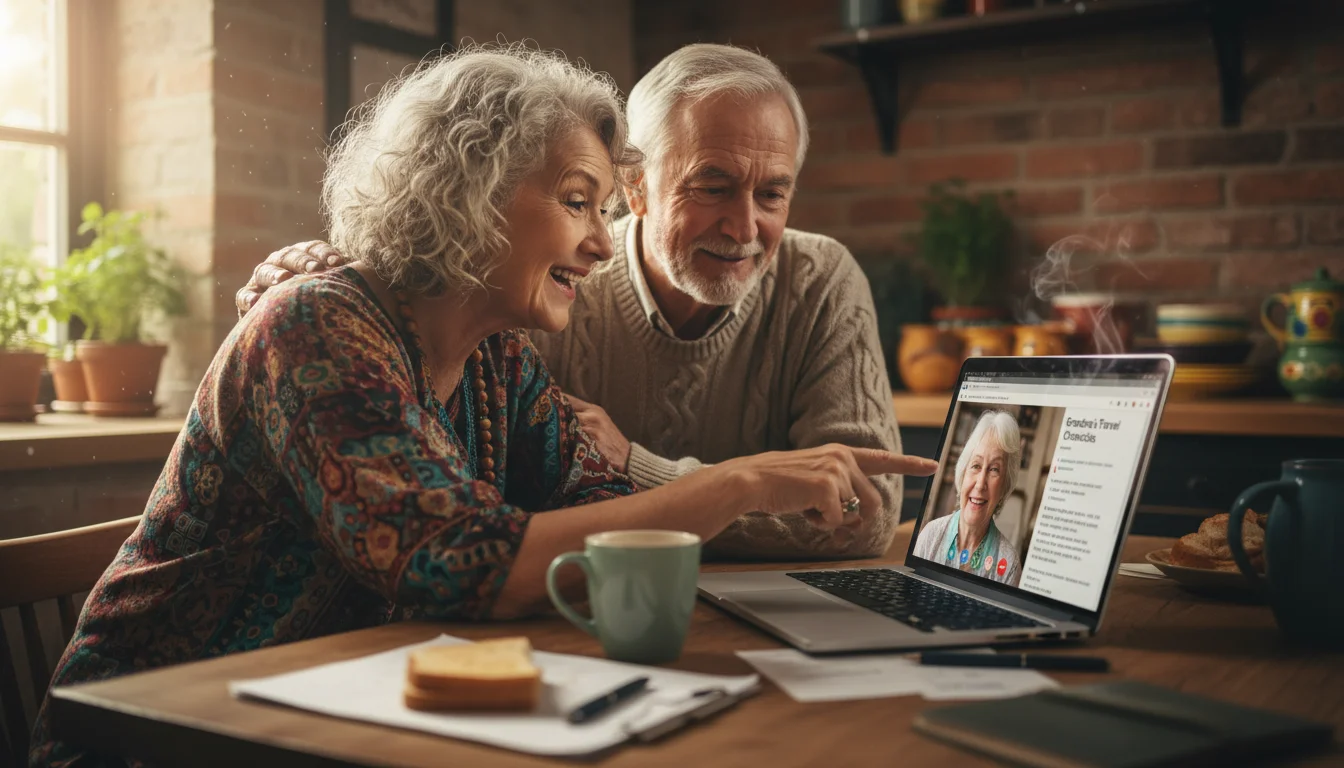 Two older adults, a woman and a man, smiling and collaborating on a laptop at a kitchen table.