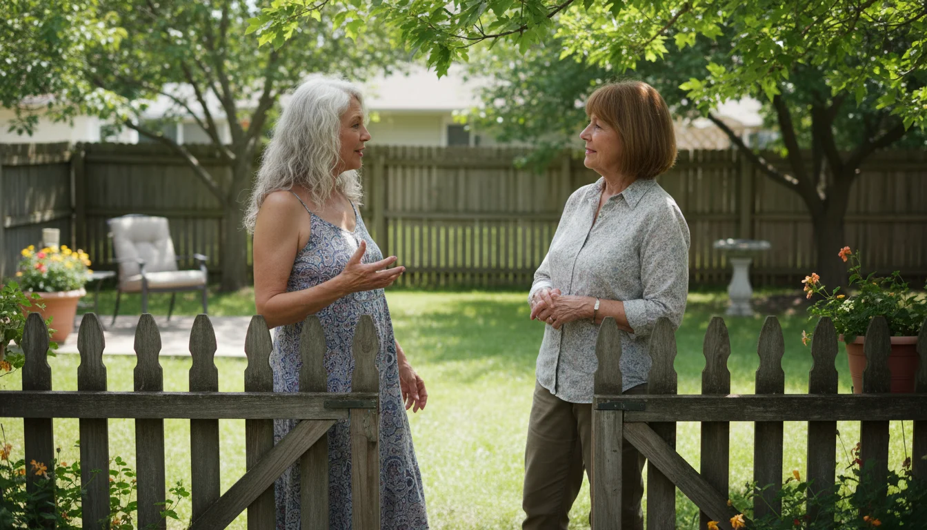 Two older women chat across a low wooden backyard fence. One with silver hair gestures while speaking; the other with brown hair listens intently, hol