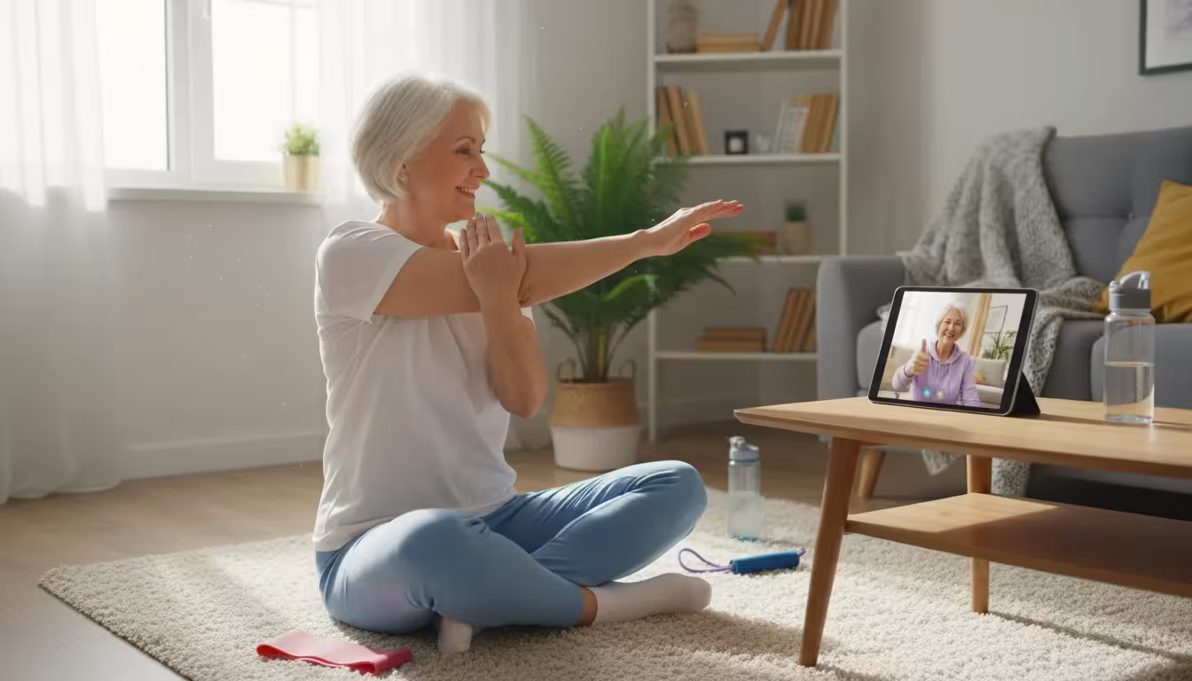 Two older women connect via video call, one doing a gentle stretch while looking at her tablet screen showing her smiling friend.