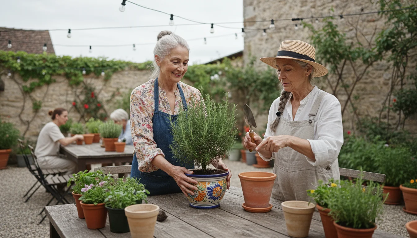Two older women garden together on a patio, arranging rosemary and other herbs. One points to an empty pot.