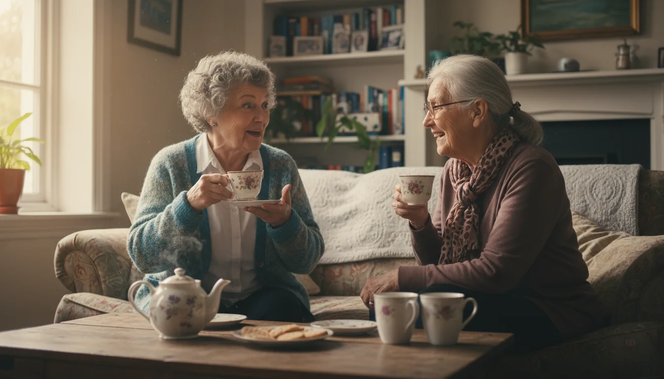 Two older women, mid-70s, sitting in a bright living room, engaged in a lively conversation over cups of tea. Wireless earbuds are on the table.