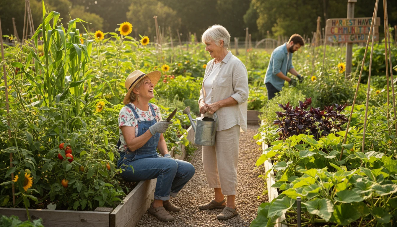 Two older women in a sunny community garden, one kneeling and speaking with a trowel, the other standing and listening with a watering can.