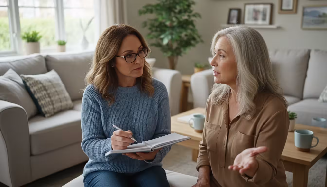 Two women in a bright living room, one listening with a notebook while the other speaks about a caregiver.