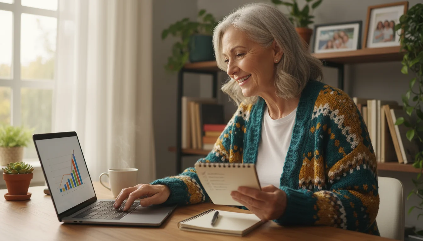 A vibrant woman in her late 60s sits at a wooden desk, her hand on a laptop trackpad, thoughtfully engaging with the screen while holding a small note