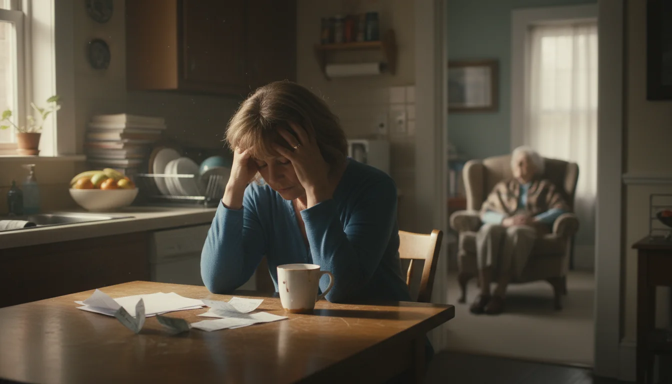A weary middle-aged woman sits at a kitchen table, head in hand, while her elderly mother sits peacefully in the background.