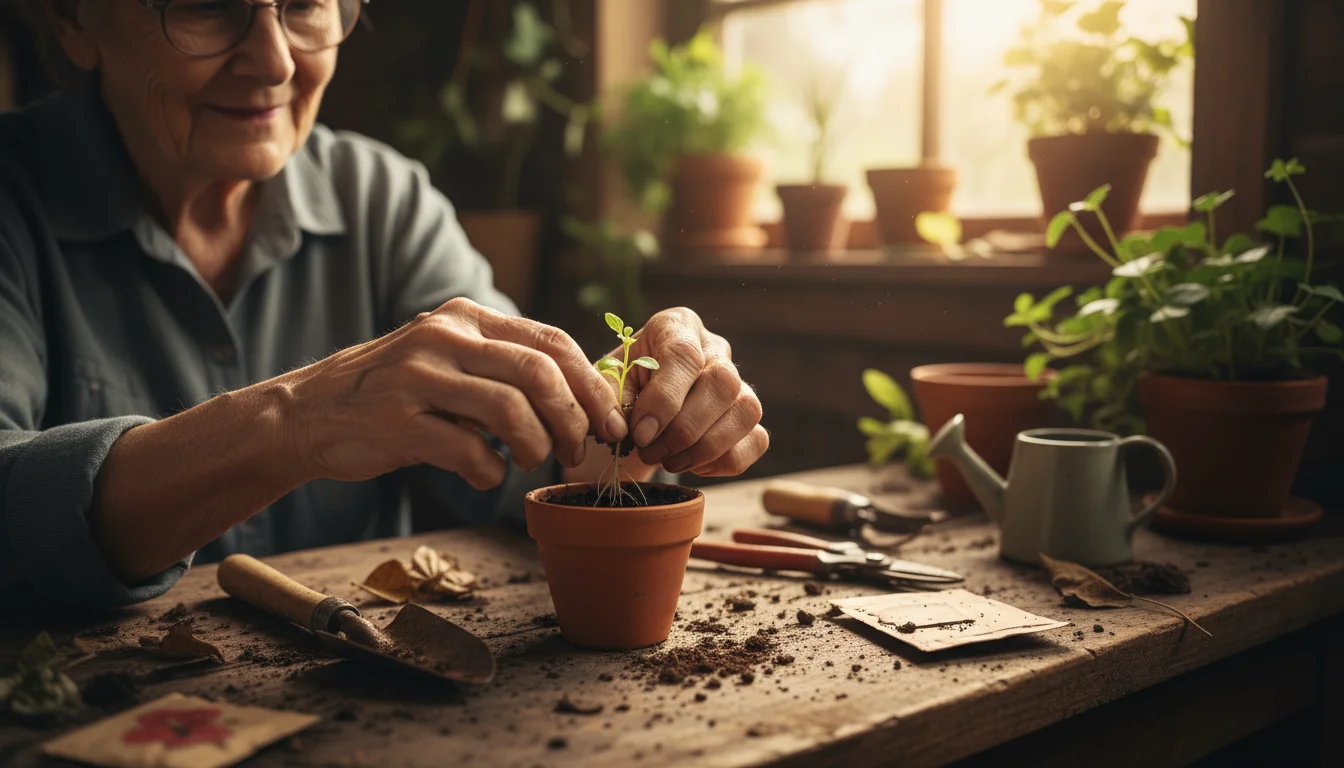 Weathered hands of an older woman gently transplanting a small green seedling into a terracotta pot, soil dusting her fingers.