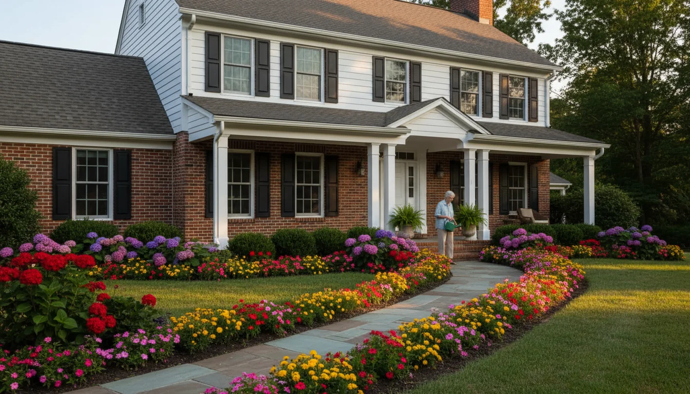 A well-maintained two-story home with a colorful garden in warm sunlight. An older adult waters a plant on the front porch.
