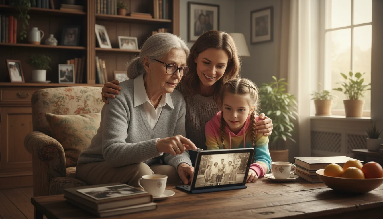 A wise older woman, her adult daughter, and young granddaughter gather around a tablet and USB drive in a sunlit living room.