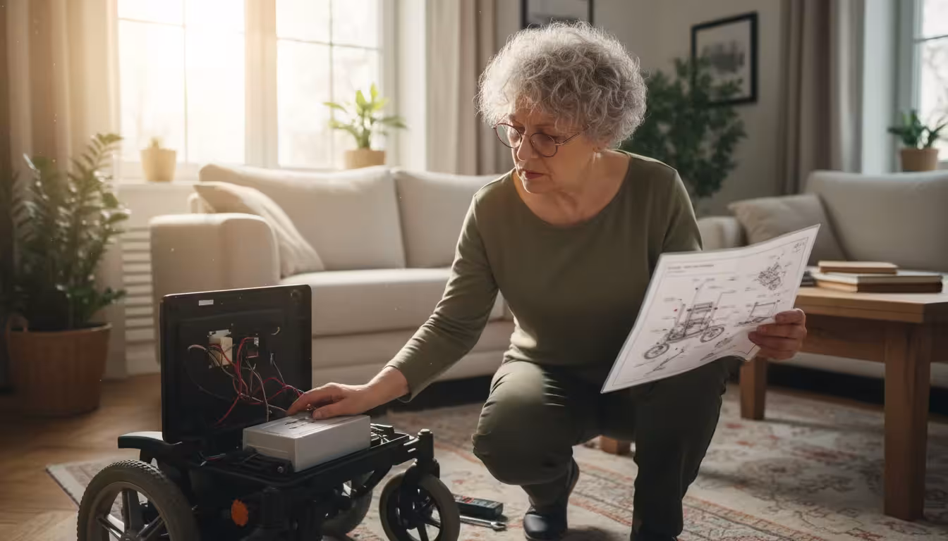A woman in her 60s crouches by an electric wheelchair, looking at a diagram near its open battery compartment.