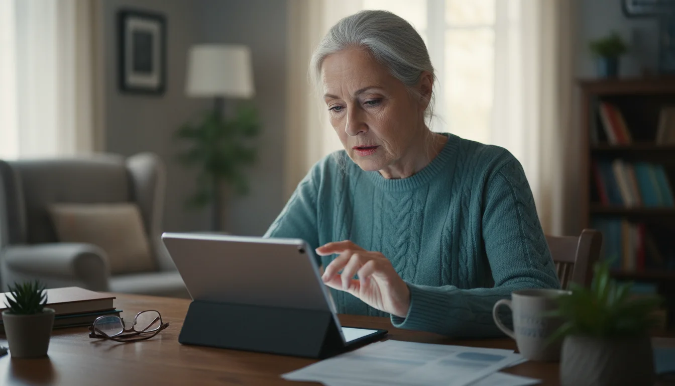 A woman in her early 70s at a desk, illuminated by a tablet screen, intently looking at information with a discerning expression.
