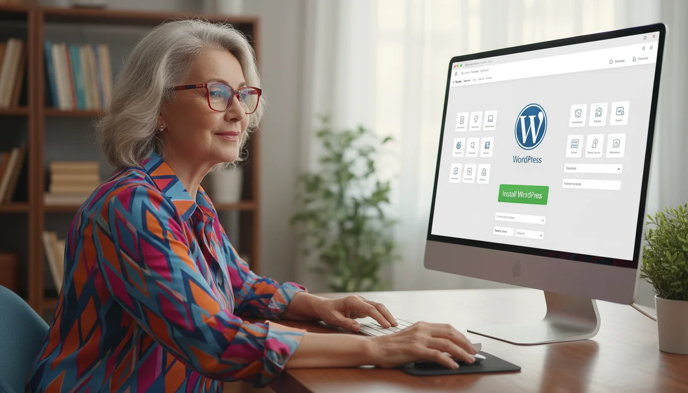 A woman in her early 70s with glasses sits at a desk, hand on a mouse, about to click 