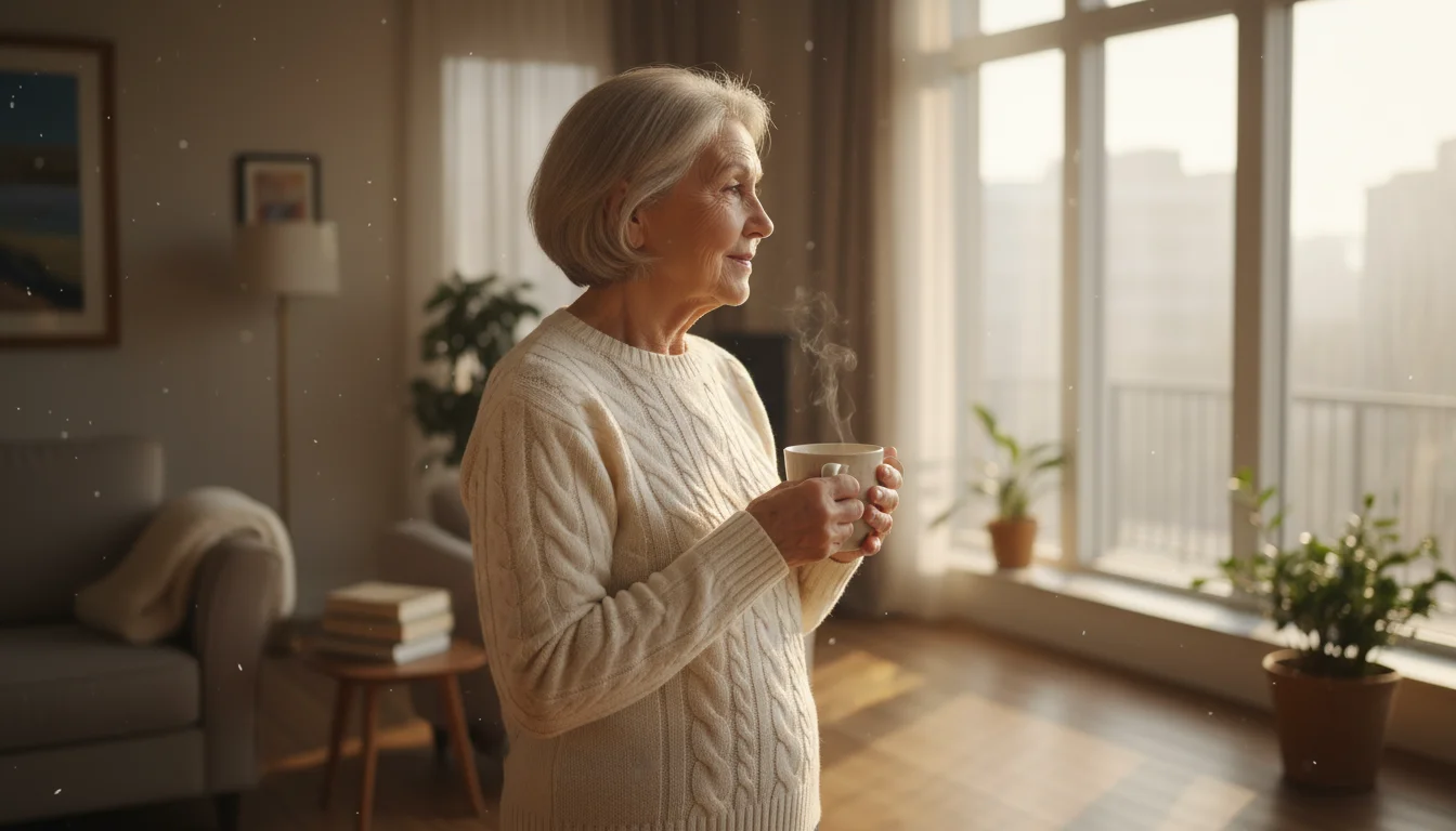 A woman in her early 70s stands by a bright window in a quiet living room, holding a mug and looking out with a peaceful, contented expression.