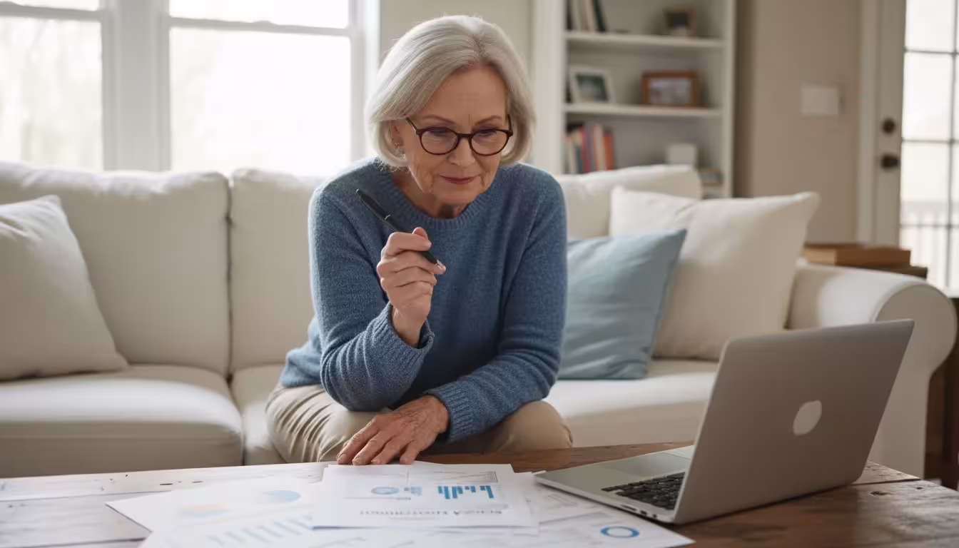 Woman in her late 60s reviewing financial documents and a Social Security statement on a coffee table with a laptop.