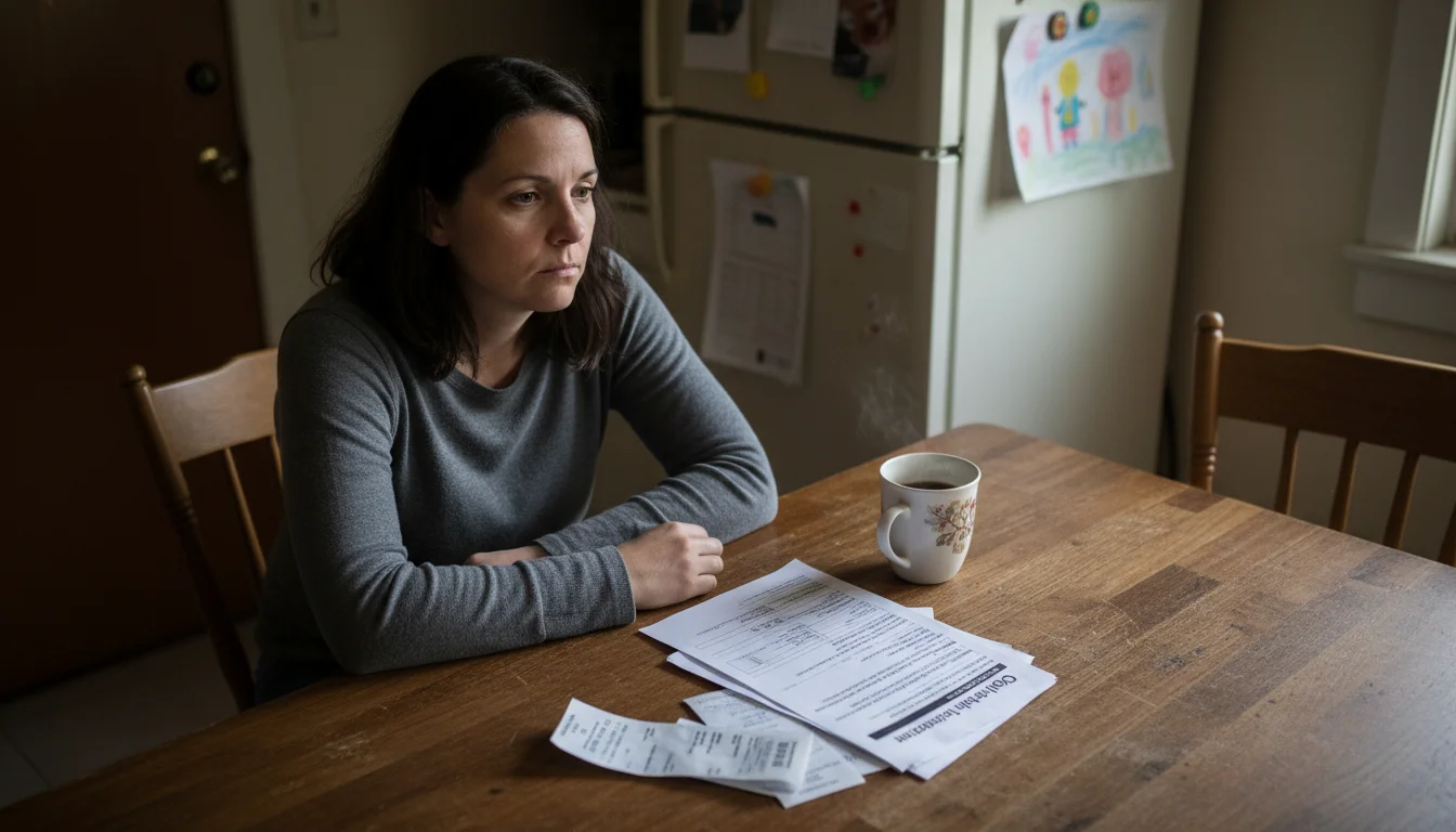 A woman in her late 30s sits alone at a kitchen table, looking tiredly at bills and a job application. A child's drawing is visible on the fridge.