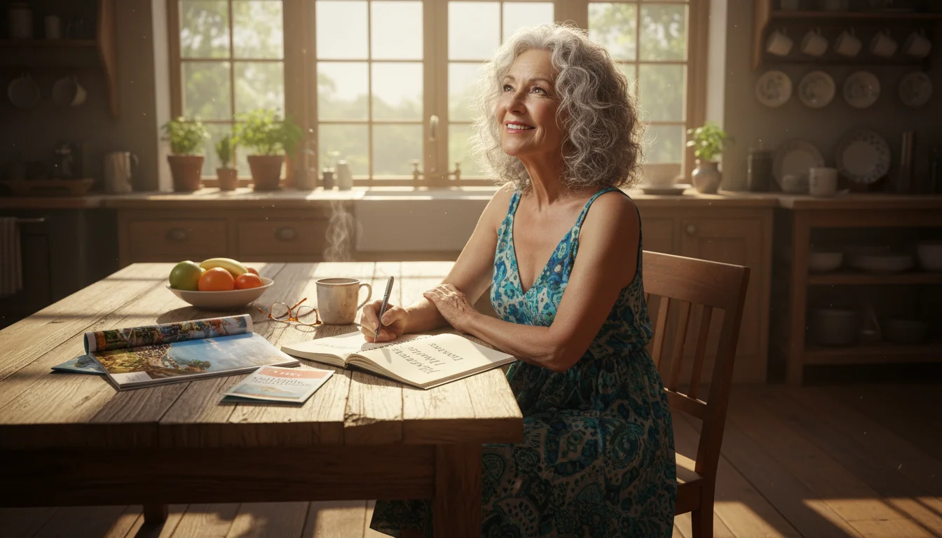 A woman in her late 60s sits at a wooden table, looking up thoughtfully from an open planner with a pen in hand. A travel magazine and volunteer broch