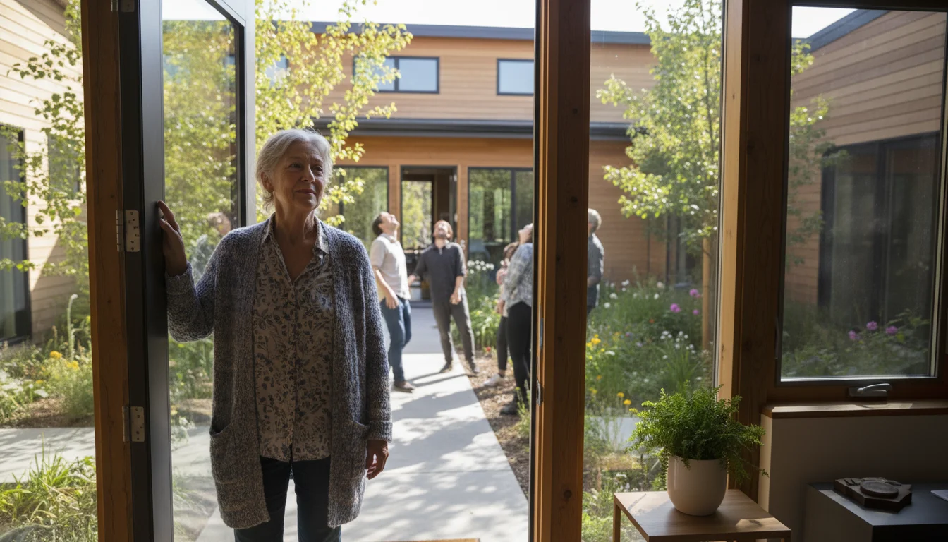 A woman in her late 60s stands inside her open front door, observing neighbors chatting in a sunlit co-housing courtyard.