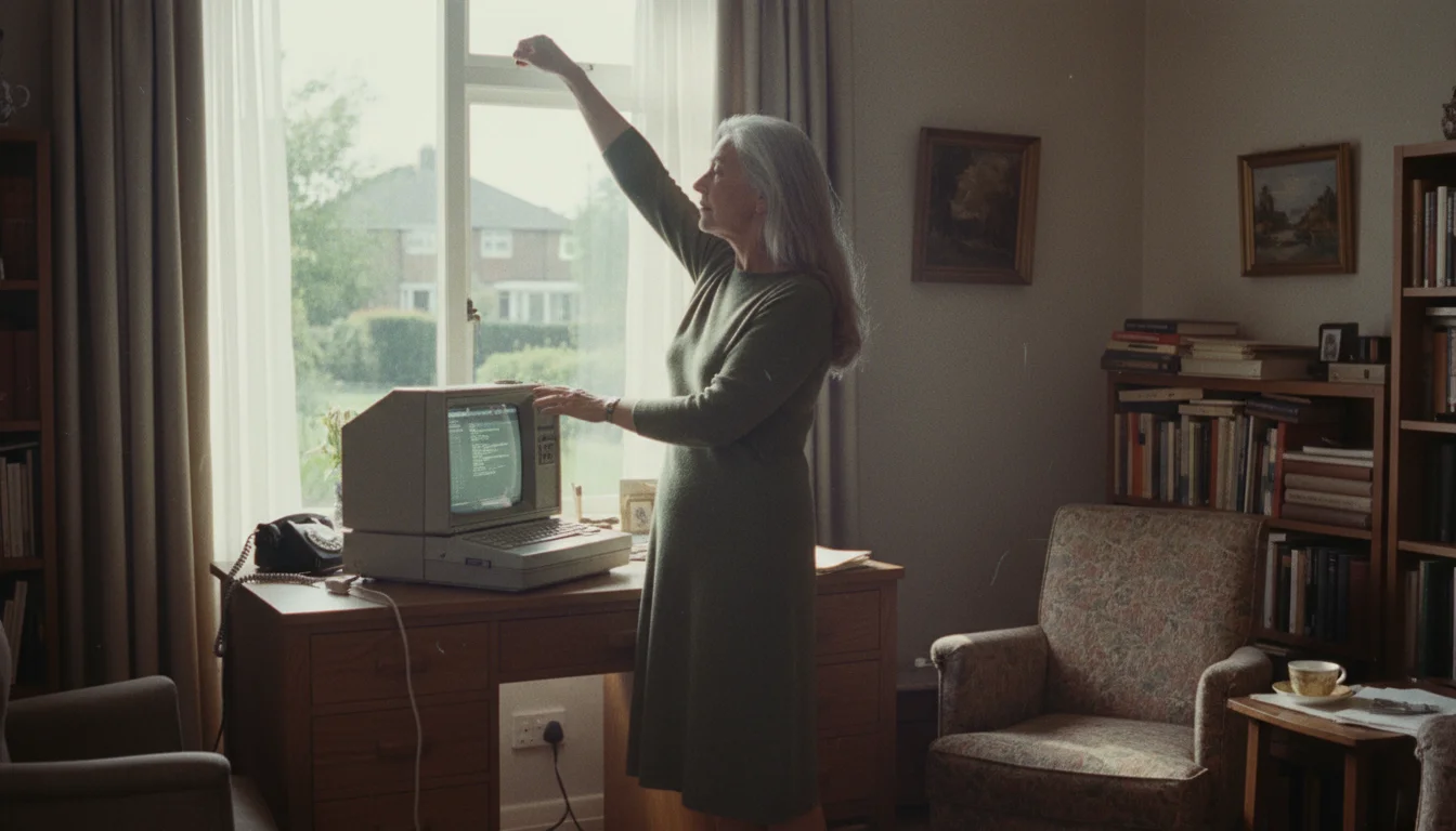A woman in her mid-60s stands by her laptop, looking from a window back to the screen with a determined expression.