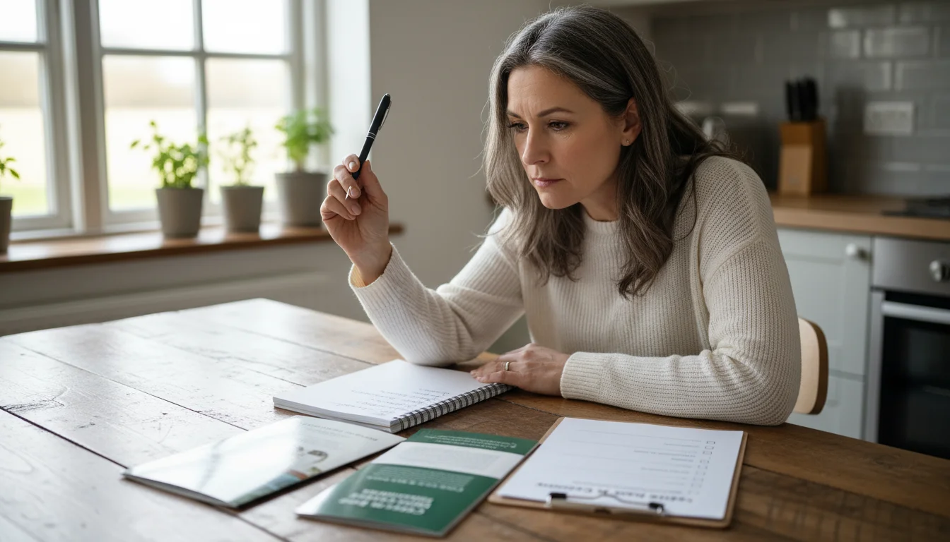 A woman intently reviews home care agency documents and writes notes at a kitchen table.