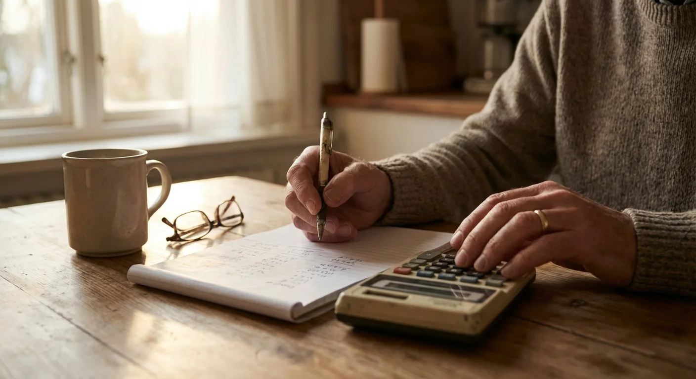 A close-up of a senior man's hands reviewing a budget and calculator at a sunlit kitchen table.